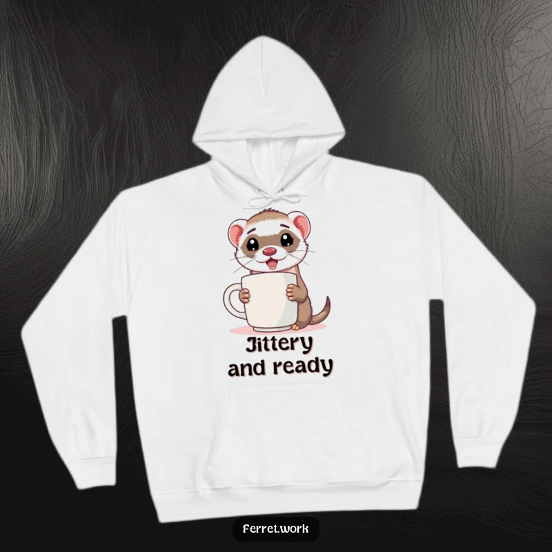 Funny ferret hoodie featuring an energized ferret with a giant coffee mug, cozy and humorous.