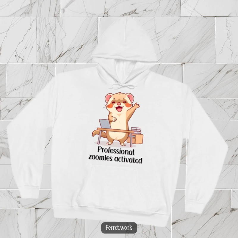 Funny ferret performing an exuberant happy dance at a miniature desk, creating a whimsical and humorous scene on a cozy hoodie.