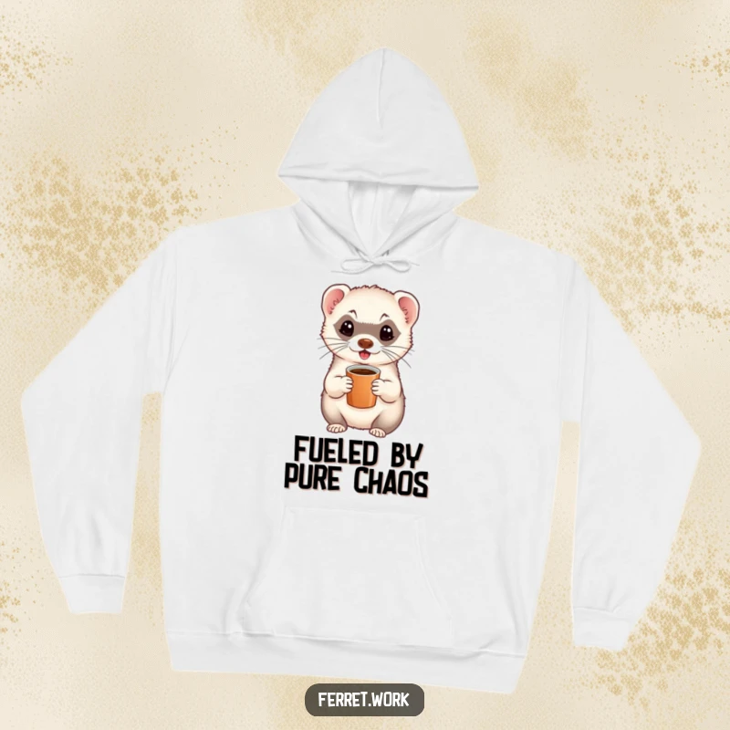 Funny hoodie depicting a hyper ferret with a tiny coffee cup, radiating warmth and energetic cheer for cozy days.