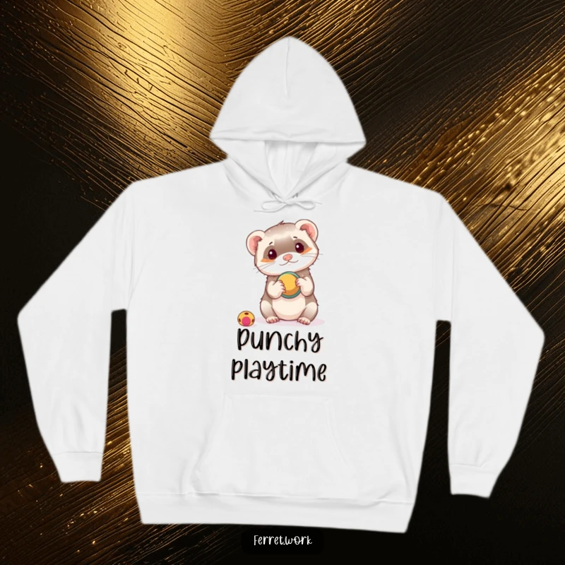 Funny hoodie featuring a ferret playfully using a hole punch as a toy, showcasing a humorous and resourceful pet.