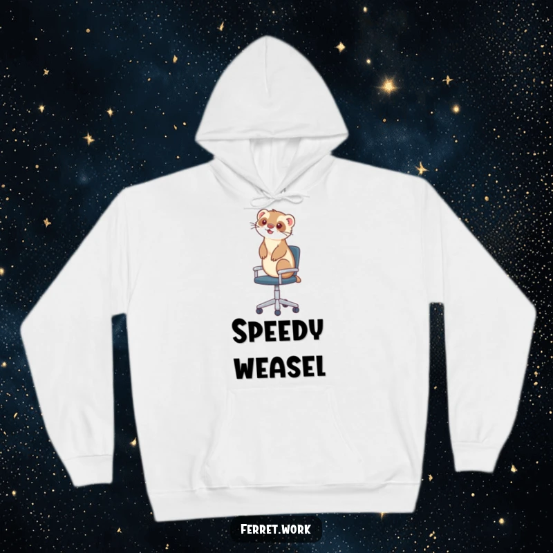 Funny hoodie featuring a ferret happily cruising on a rolling office chair, a humorous depiction of pet antics.