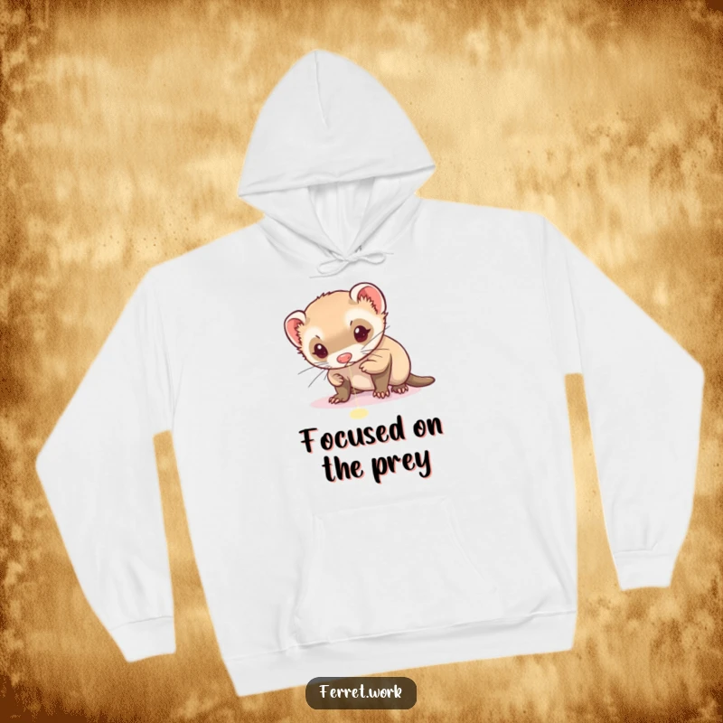 Funny hoodie showcasing a ferret's intense concentration while energetically pursuing a small, bright laser pointer dot.