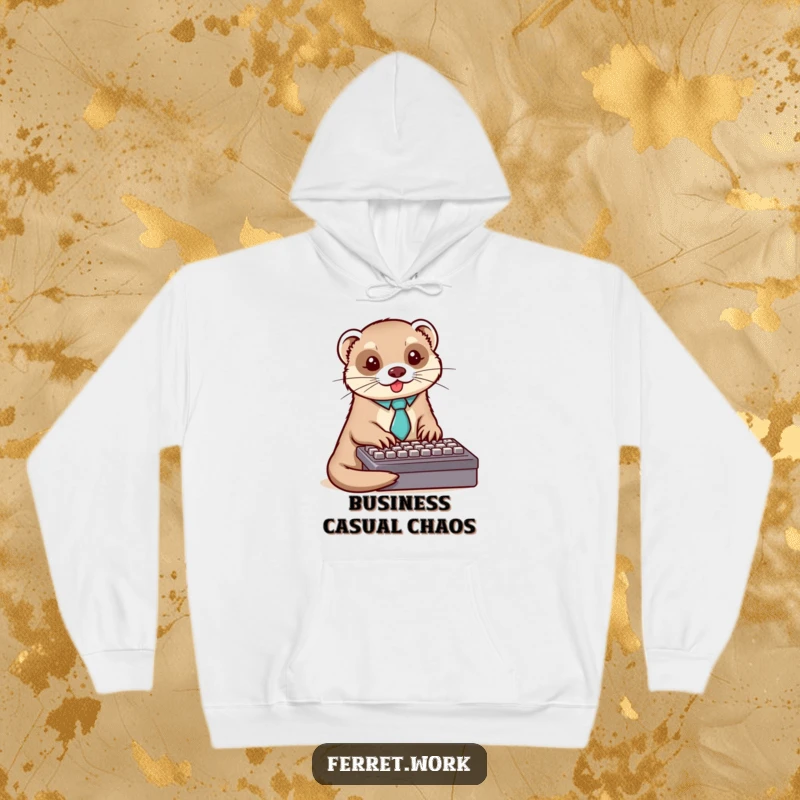 Funny ferret hoodie featuring a business ferret in a tie, typing diligently on a keyboard, cozy and humorous.