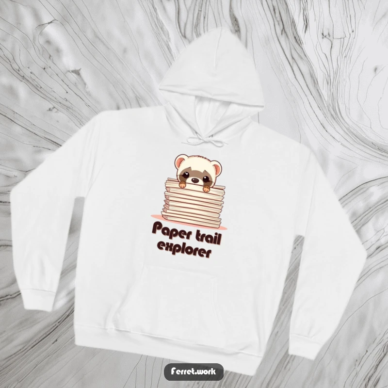 Funny ferret hoodie showing a ferret peeking out from behind a large pile of papers, cozy and humorous.