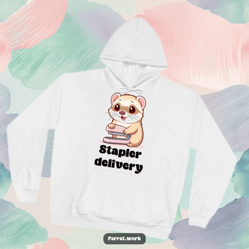Funny hoodie showing a ferret cheerfully presenting a stapler with a nod, radiating helpfulness and office humor.