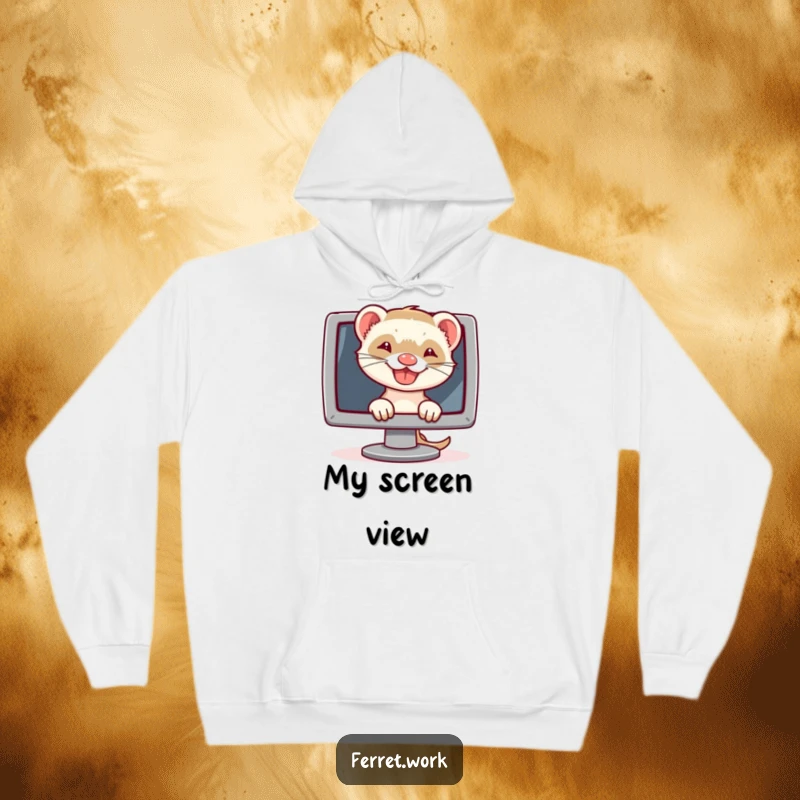 Funny hoodie depicting a ferret with a cheeky grin, peeking over a computer monitor, radiating tech humor.