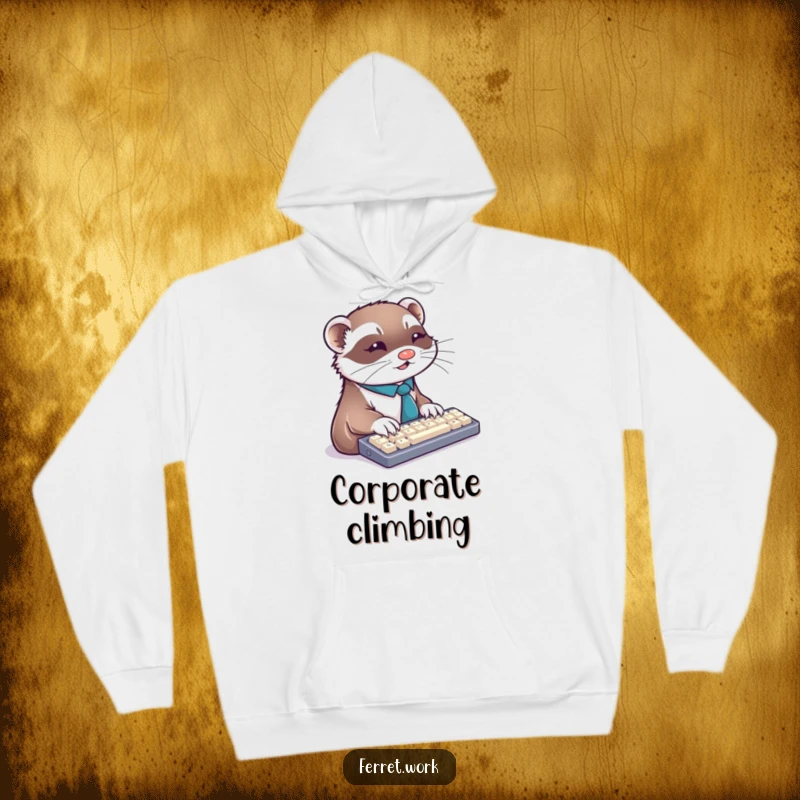 Funny ferret hoodie showing a tie-wearing ferret typing furiously on a keyboard, perfect for dedicated work sessions.