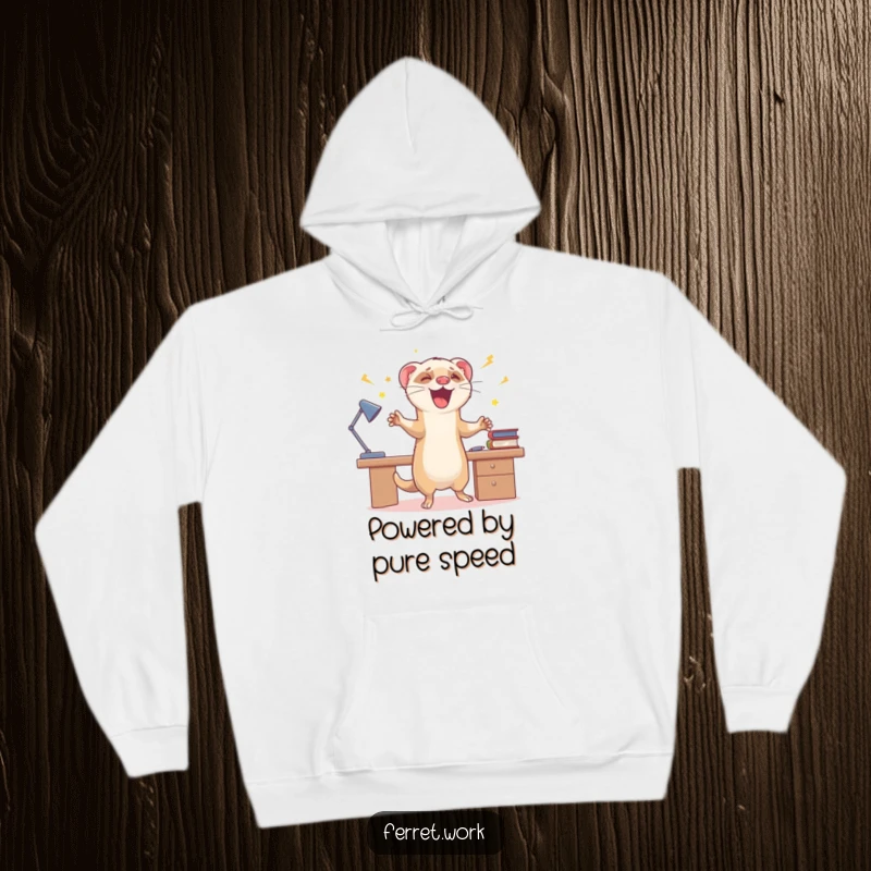 Funny hoodie showing a ferret in excited zoomies around a desk, symbolizing high energy, celebration, and cozy fun.