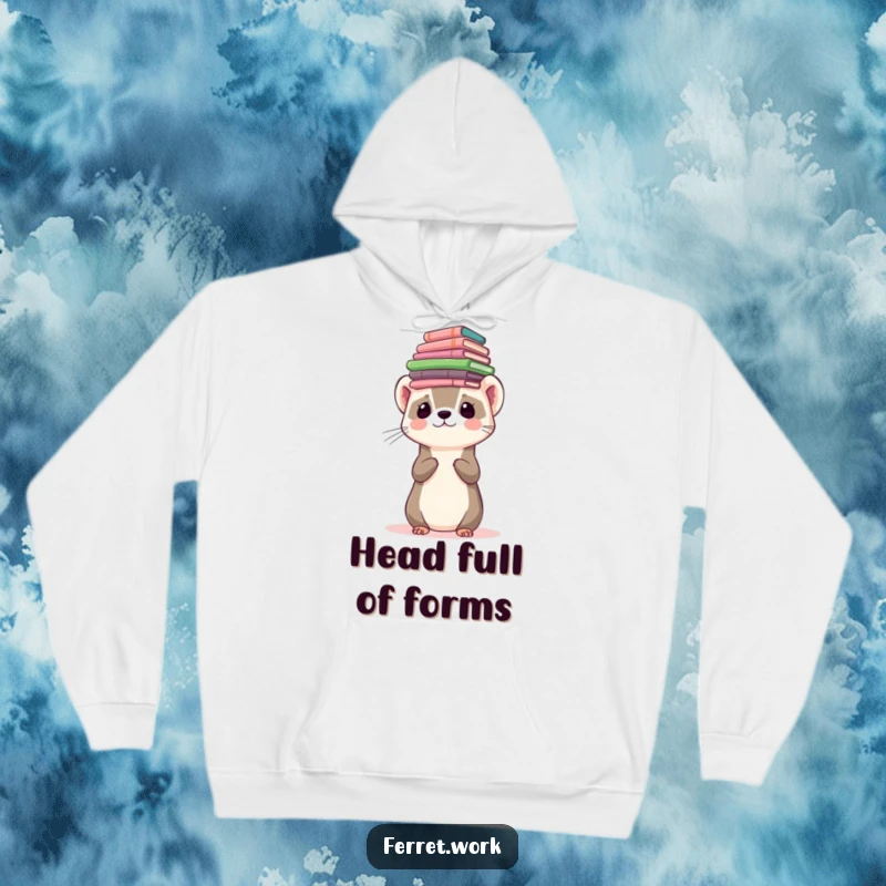 Funny ferret character balancing a stack of forms on its head on a hoodie, symbolizing the weight of tasks.