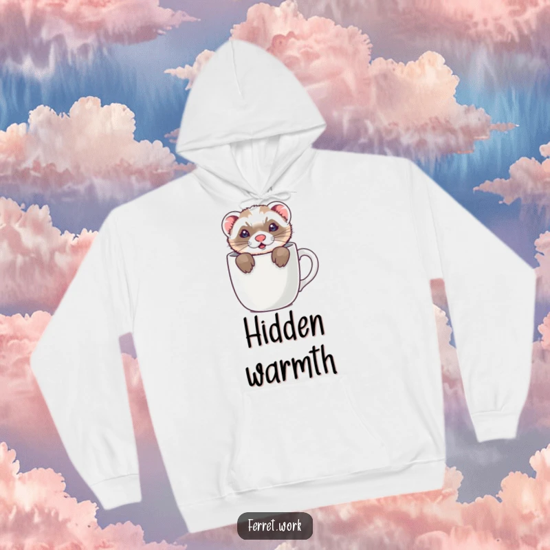 Funny hoodie depicting a ferret playing peek-a-boo inside a coffee mug, with only its ears visible, a humorous snuggle.