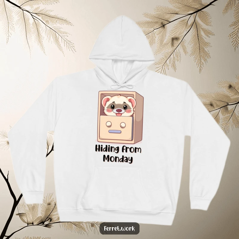 Funny hoodie design of a grinning ferret peeking out from a filing cabinet, offering warmth and a dash of playful mystery.