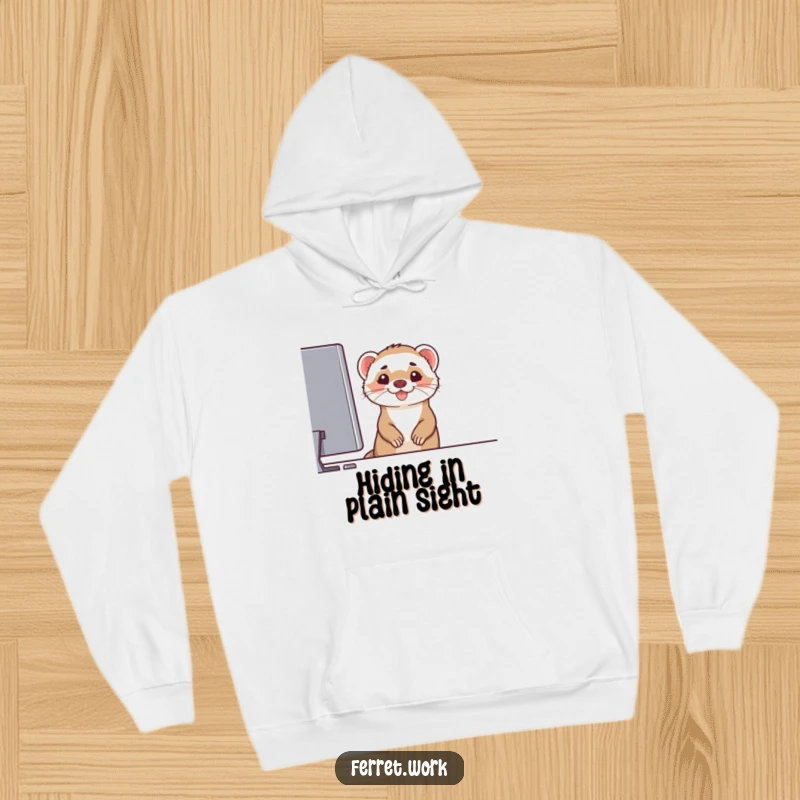Funny and warm hoodie featuring a ferret peeking from behind a computer screen with a mischievous grin, perfect for geeks, funny gift.