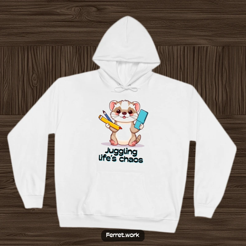 Funny kawaii office ferret juggling office supplies with its paws, featured on a soft and warm hoodie.