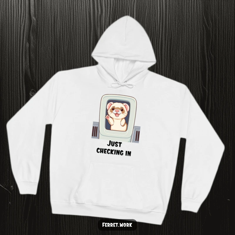 Funny hoodie: A delightful ferret peeking out of a cubicle partition, extending a warm and cheerful wave.