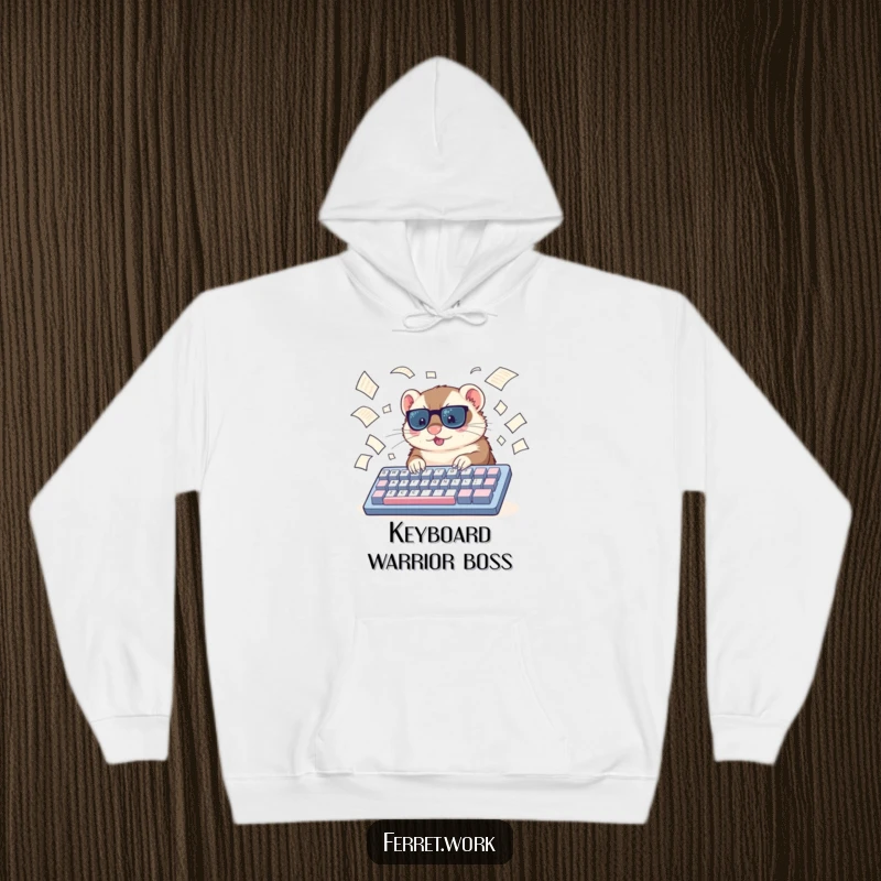 Funny ferret hoodie featuring a frantic ferret on a large keyboard, papers swirling, offering warmth and humorous office vibes.