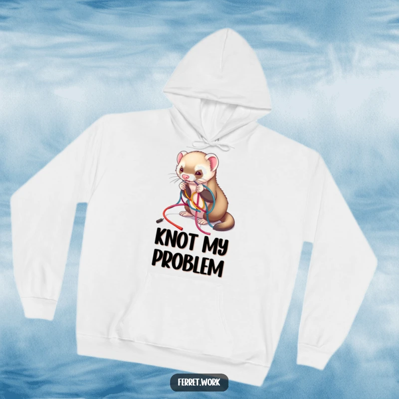 Funny hoodie featuring a ferret playfully working through a colorful tangle of wires, perfect for embracing organized chaos, funny gift.