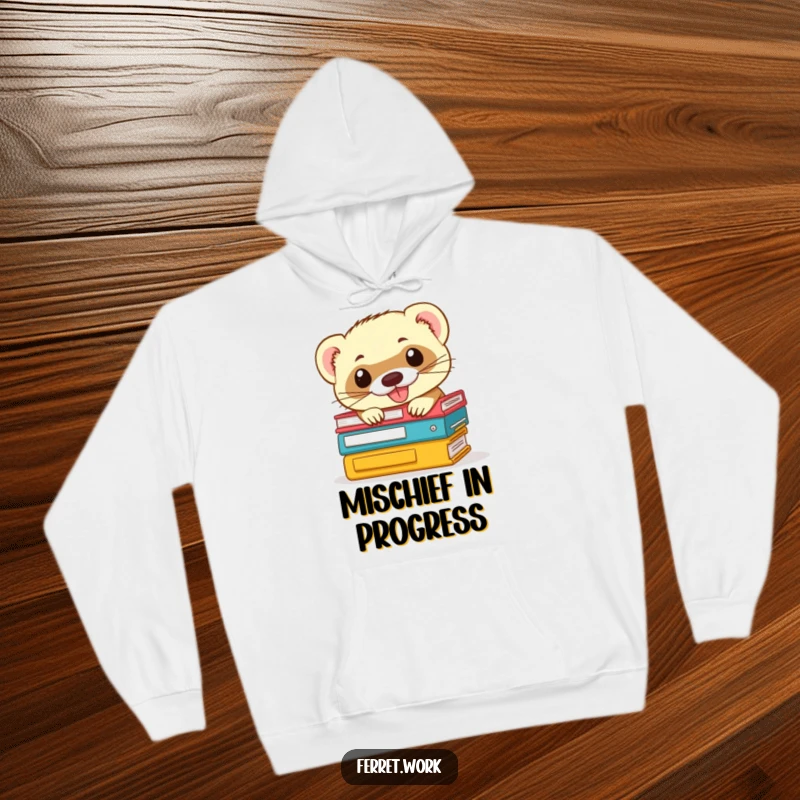 Funny ferret hoodie: a mischievous ferret grins while peeking from office files, perfect for cozying up at work or home.