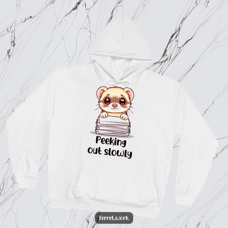Funny kawaii office ferret peeking over stacks of paperwork with surprised wide eyes, printed on a warm hoodie.