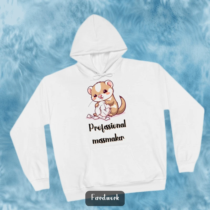 Funny kawaii office ferret creating a paper ball mess, looking cute and chaotic, designed for a cozy hoodie.