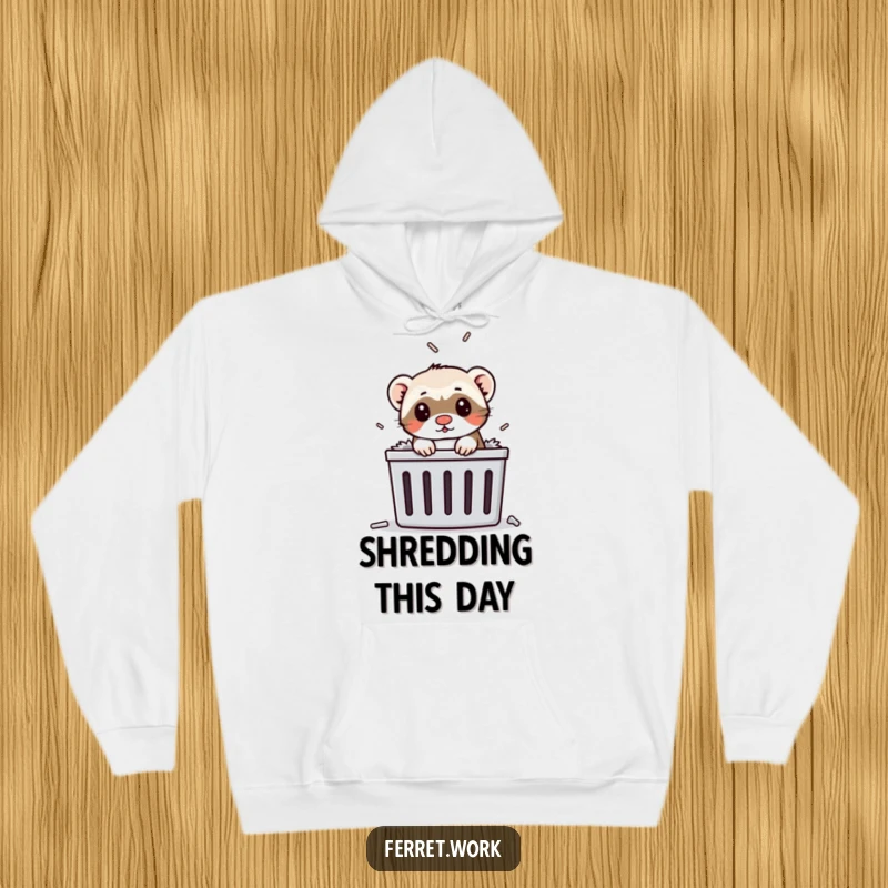 Funny ferret popping its head out of a paper shredder on a hoodie, offering warmth and humor.