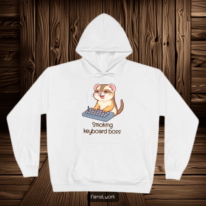 Funny Office Ferret Hoodie: A kawaii ferret gleefully types on a smoking keyboard, a humorous and cozy piece of apparel.