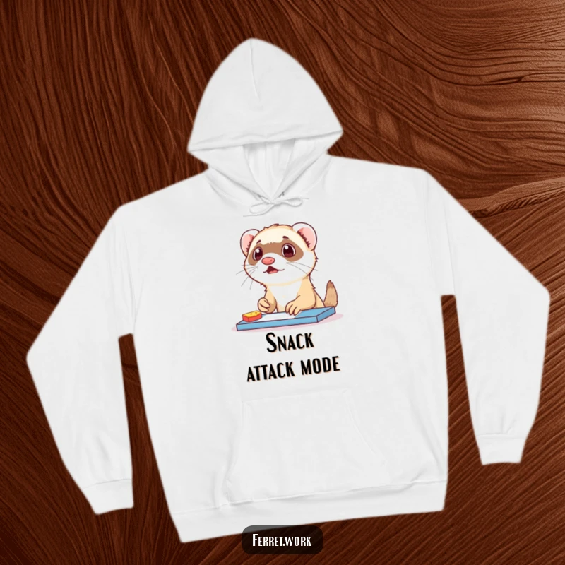 Funny ferret hoodie featuring a surprised ferret caught snack-handed at a desk. Warm and humorous apparel.