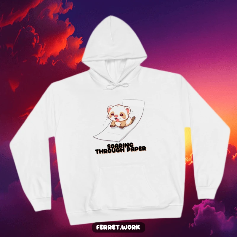 A ferret joyfully sliding down a ream of paper like a slide, featured on a warm and cozy hoodie.