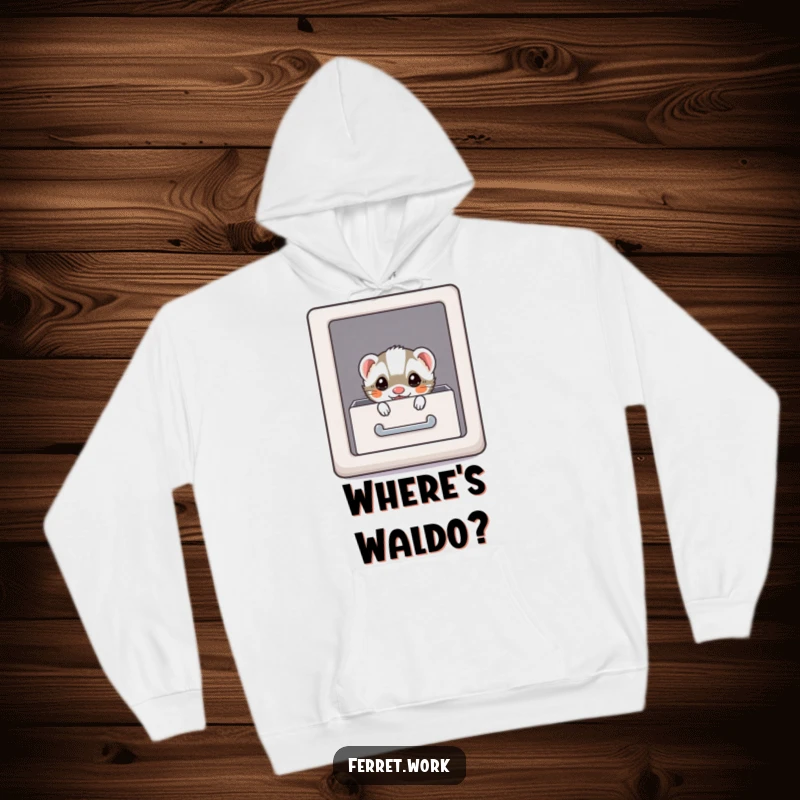 Funny kawaii office ferret peeking from a file cabinet, a cozy and humorous hoodie design.