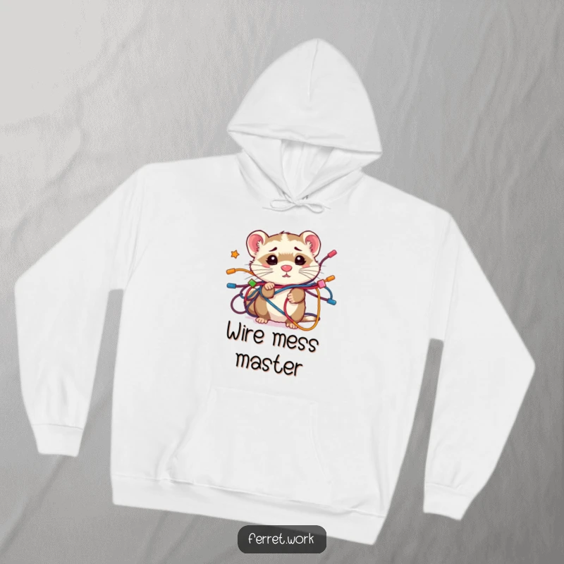 Funny confused kawaii office ferret wrapped in a mess of wires, looking utterly bewildered. A cozy and humorous hoodie.