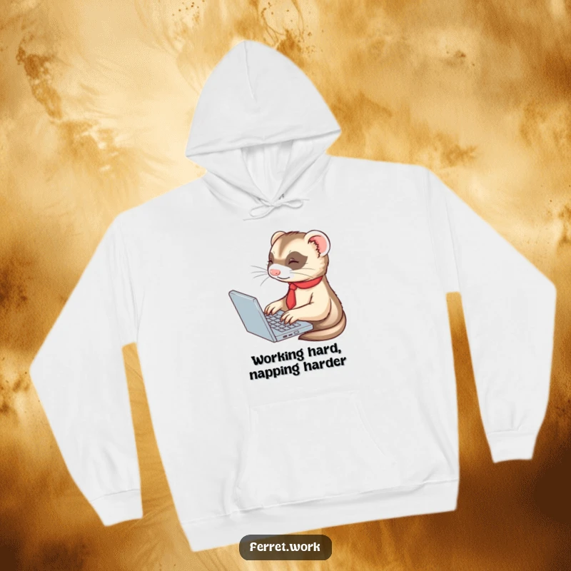 Funny ferret in a tiny tie, typing enthusiastically on a laptop, featured on a warm and cozy hoodie.