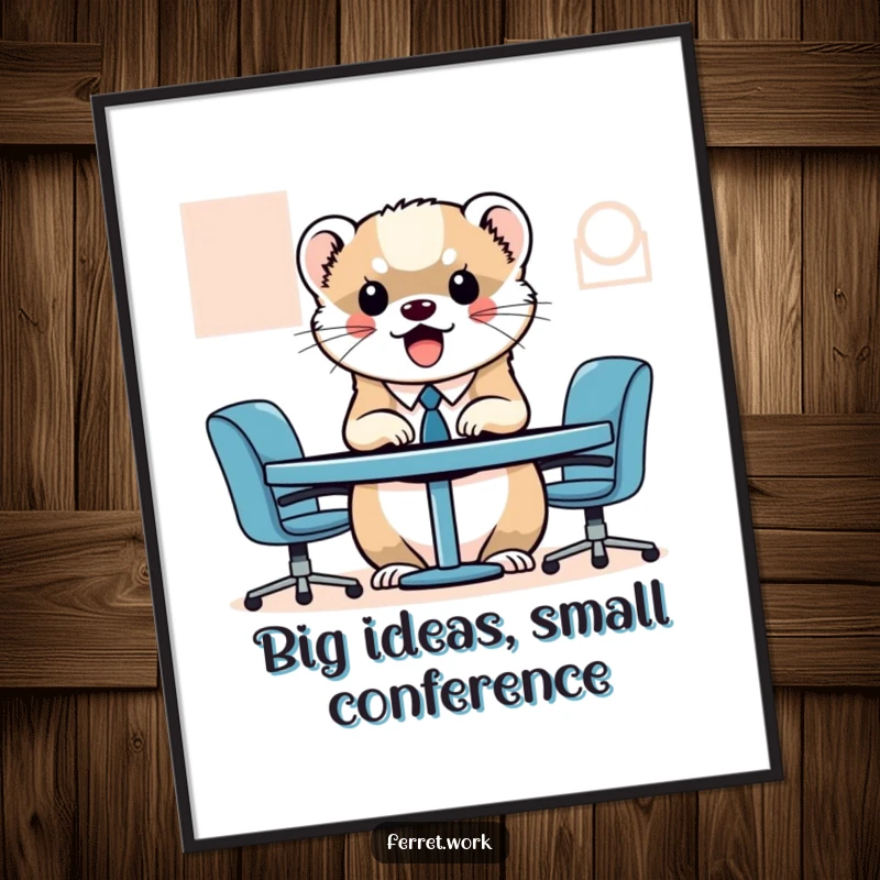 Funny Free Printable Wall Art: Cute kawaii office ferret animatedly attending a very small, important-looking office meeting.