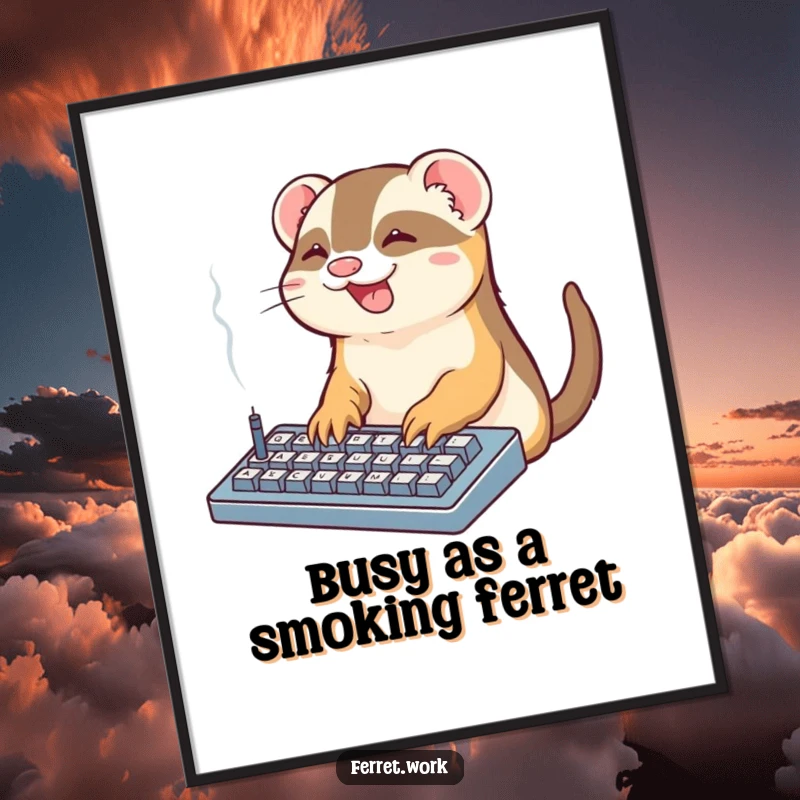 Funny Free Printable Office Ferret Wall Art: Kawaii ferret gleefully typing on a tiny smoking keyboard, energetic workspace illustration.
