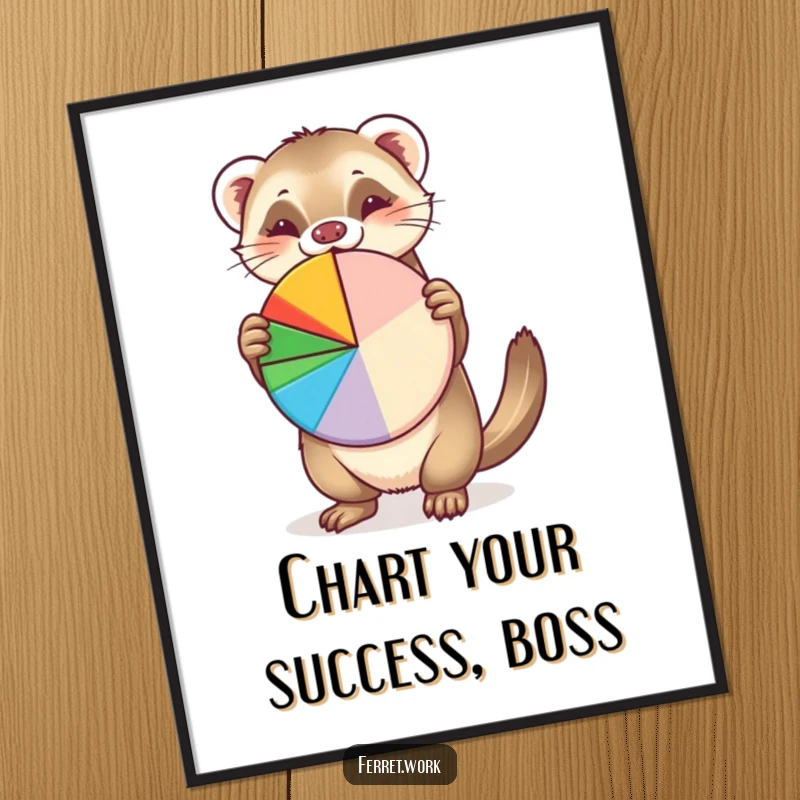 Funny Free Printable Wall Art: A determined ferret enthusiastically presents a vibrant pie chart, bringing office humor to life.