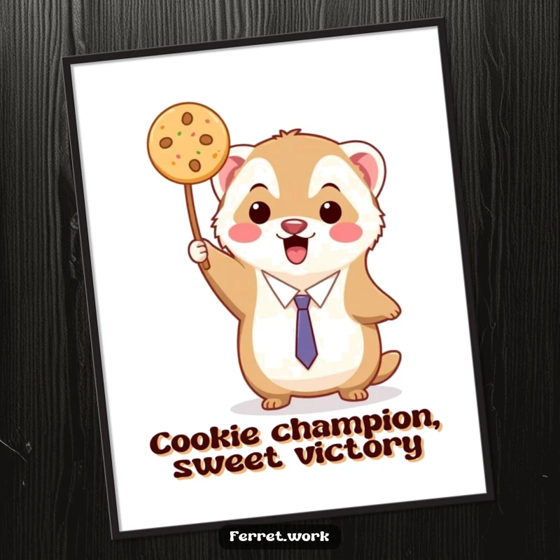 Funny Free Printable Wall Art: A kawaii office ferret triumphantly holds up a single, delicious-looking cookie with a happy expression.