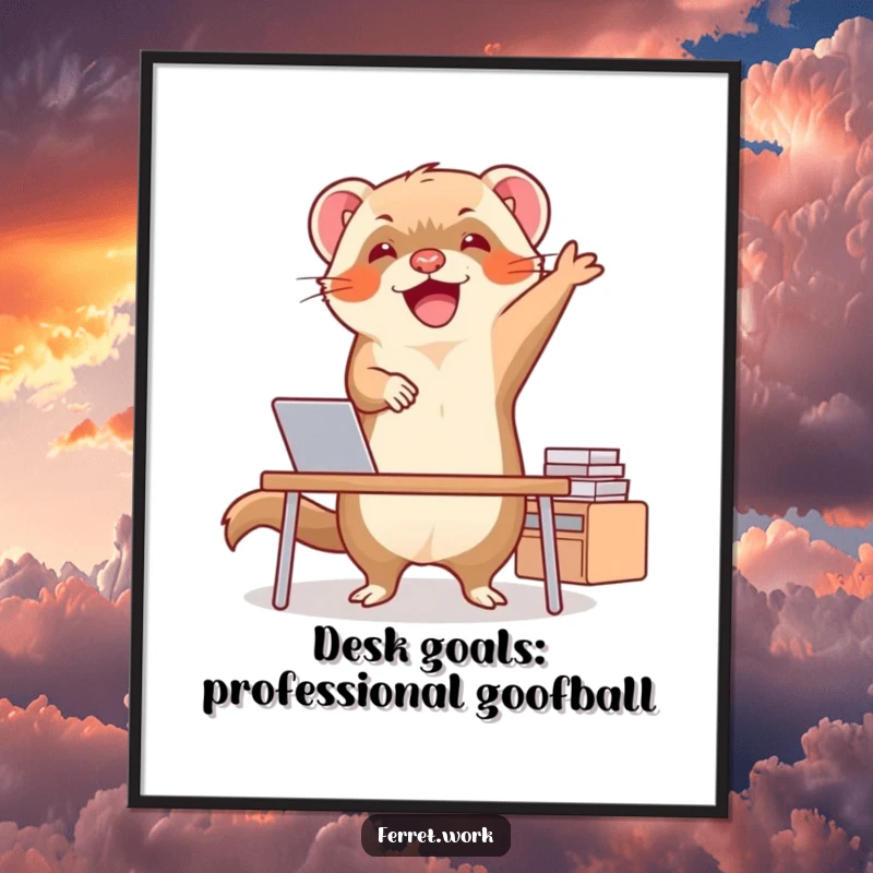 Funny Free Printable Wall Art: A ferret joyfully dancing at a small desk, bringing laughter and personality to any room.