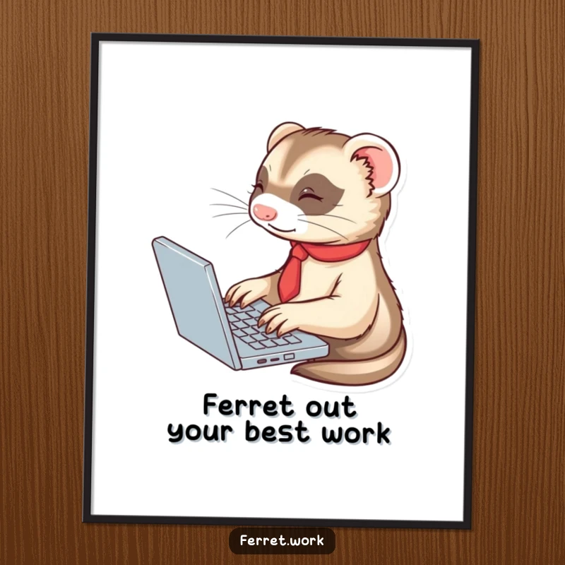 Funny Free Printable Wall Art of a cute ferret in a tiny tie typing on a laptop, a humorous business-themed downloadable.