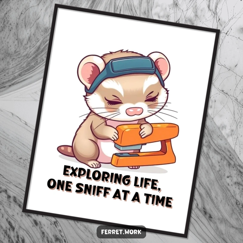 Funny Free Printable Wall Art of a ferret wearing a headlamp curiously sniffing a stapler, a humorous and intriguing downloadable.