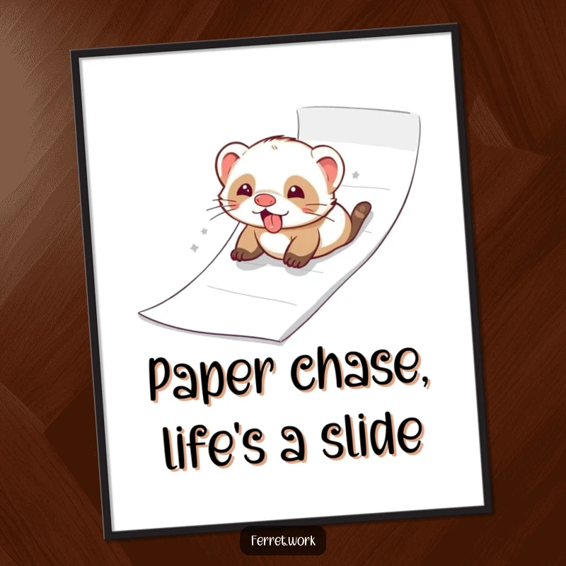 Funny Free Printable Wall Art of a ferret joyfully sliding down a ream of paper like a slide, a playful downloadable.