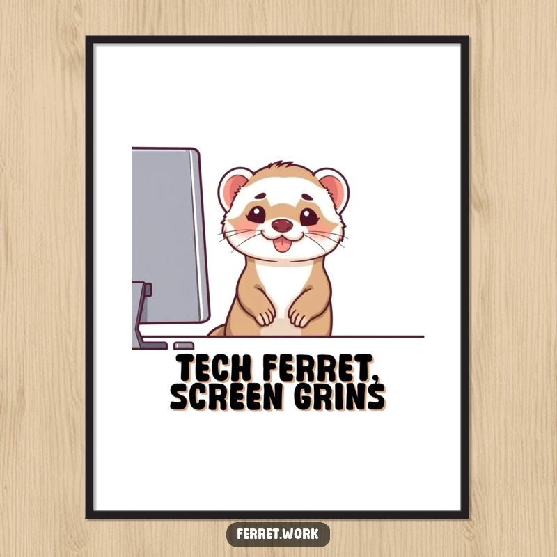 Funny Free Printable Ferret Wall Art: A mischievous ferret peeking over a computer monitor with a cheerful grin. Humorous downloadable art.