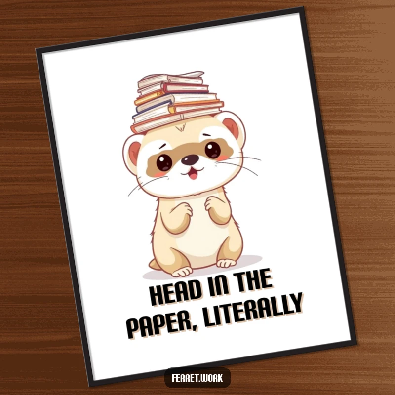 Funny Free Printable Wall Art: Ferret looking slightly stressed, balancing an enormous stack of papers on its head.