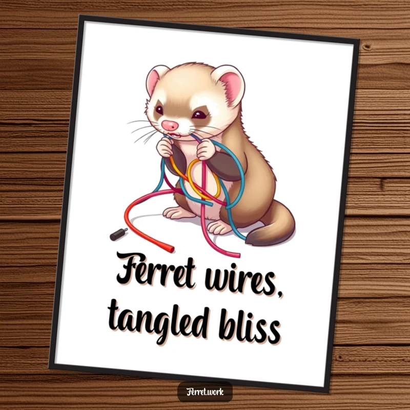 Funny Free Printable Ferret Wall Art: A ferret playfully untangling a wild mess of colorful wires. Quirky and humorous downloadable art.
