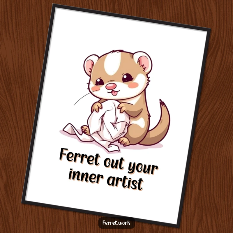 Funny Free Printable Wall Art: Cute kawaii office ferret making a huge mess with crumpled paper balls and office supplies.