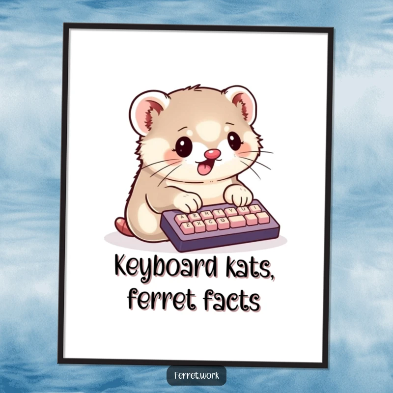 Funny Free Printable Wall Art of a kawaii ferret enthusiastically typing on a miniature keyboard with its cute little paws.