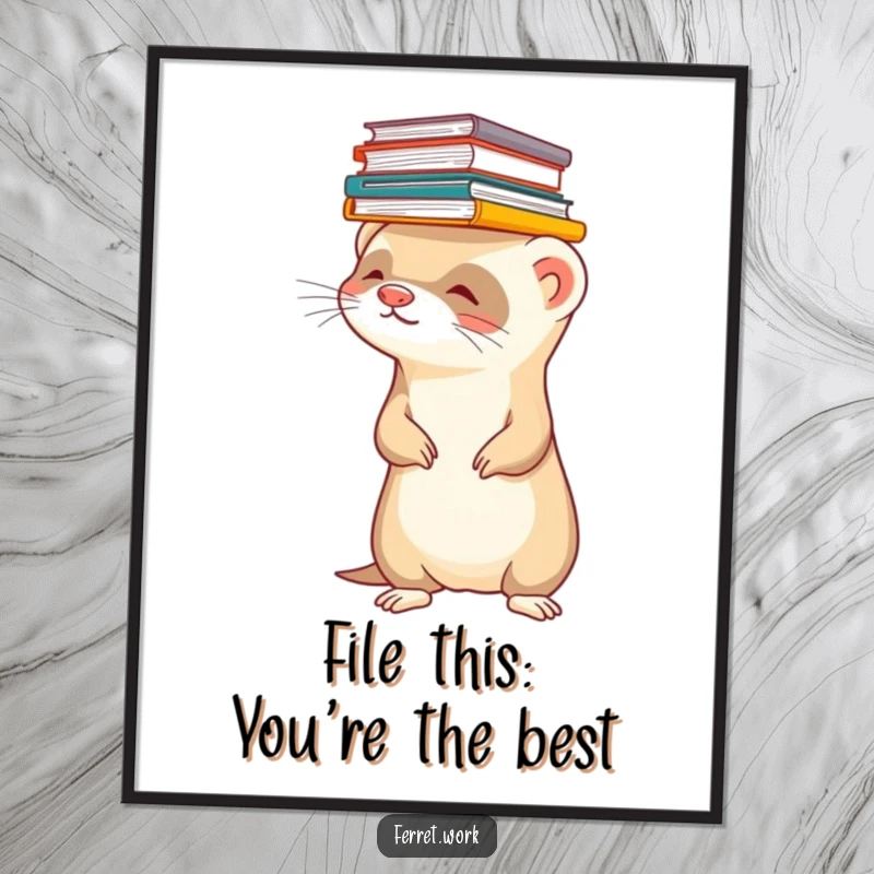 Funny Free Printable Wall Art showcasing a ferret masterfully balancing a precarious stack of files on its head.