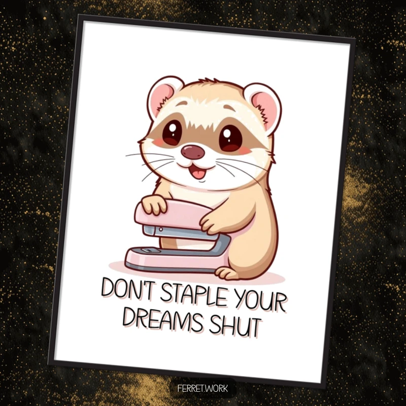Funny Free Printable Wall Art: A ferret with a wide, cheerful nod offers a stapler as a helpful gift.