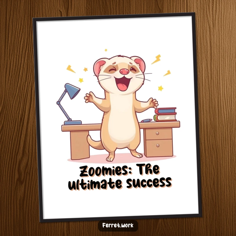 Funny Free Printable Wall Art: A happy ferret is captured zooming energetically around a desk, full of life.