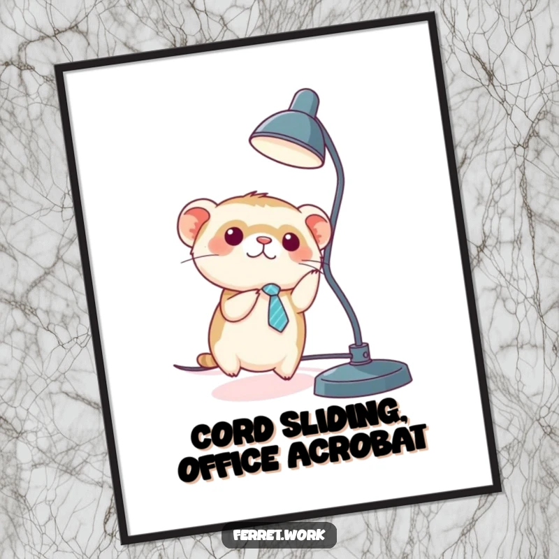 Funny Free Printable Wall Art: A kawaii office ferret in a tiny tie slides down a desk lamp cord with glee.