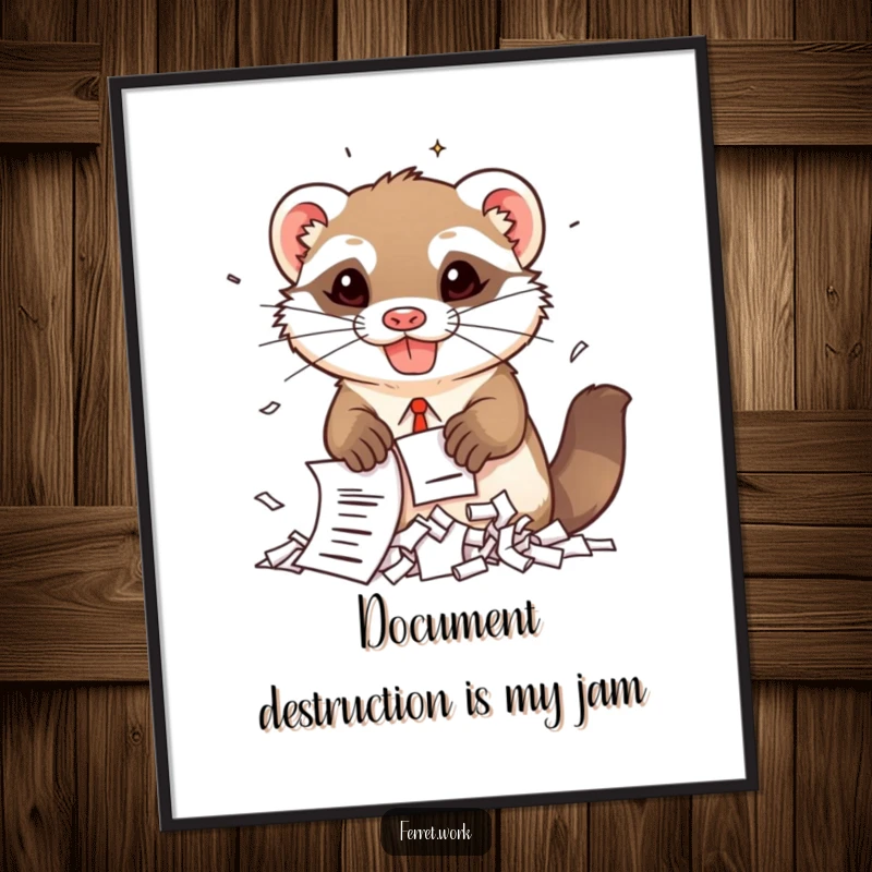 Funny Free Printable Wall Art: A kawaii office ferret gleefully shreds documents with a mischievous grin, perfect for a humorous space.