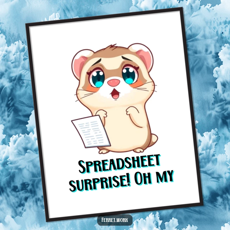 Funny Free Printable Wall Art: Ferret character with exaggerated wide eyes, looking shocked at a complex spreadsheet.