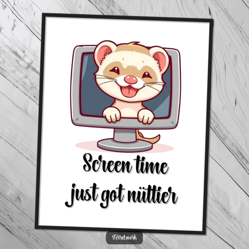 Funny Free Printable Wall Art: A ferret with a wide, sly grin peeks out from behind a computer screen.